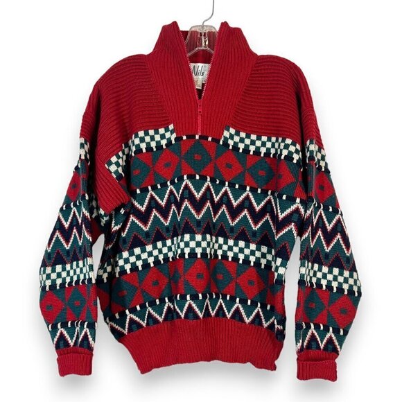 Vintage Ski Sweater Fair Isle Red Pullover Knit Zip 80s 90s Shawl Collar Medium - Picture 1 of 9